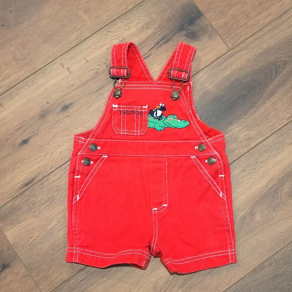 Vintage Shortalls Kids 12 M Red Overalls In Design Alligator Frog Friends Shorts - Picture 11 of 11